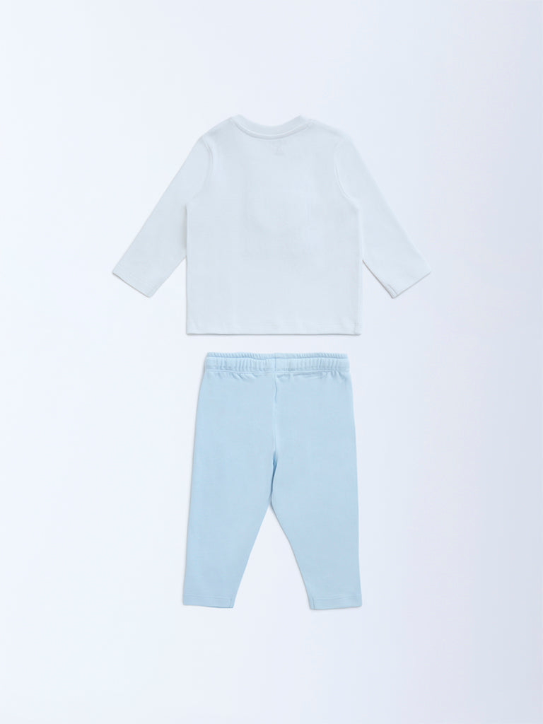 HOP Baby Light Blue Embroidered Cotton T-Shirt and Pants Set