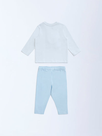 HOP Baby Light Blue Embroidered Cotton T-Shirt and Pants Set