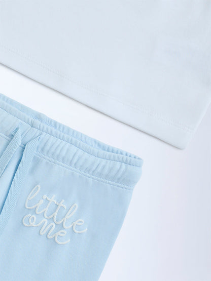 HOP Baby Light Blue Embroidered Cotton T-Shirt and Pants Set