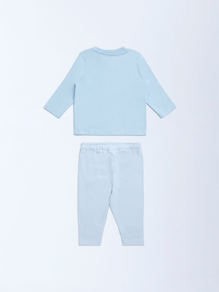 HOP Baby Blue Cotton T-Shirt with Pants Set