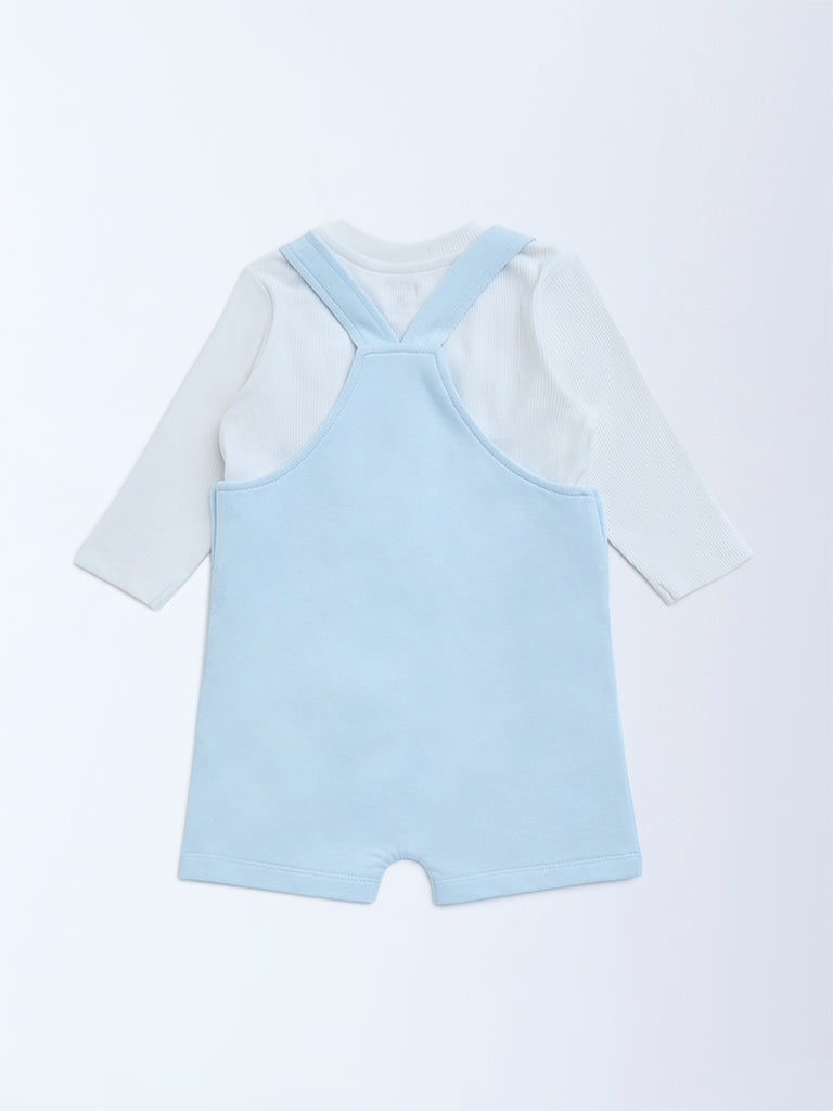 HOP Baby Blue Printed Cotton Dungaree with T-Shirt Set
