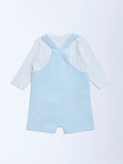 HOP Baby Blue Printed Cotton Dungaree with T-Shirt Set