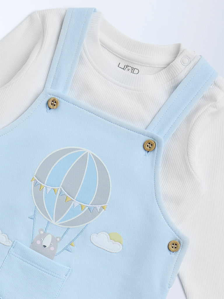 HOP Baby Blue Printed Cotton Dungaree with T-Shirt Set