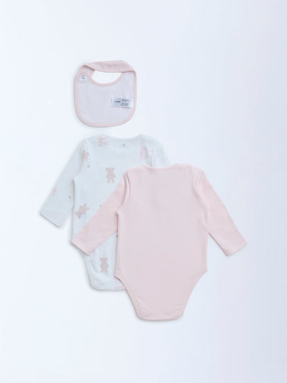 HOP Baby Pink Printed Cotton Rompers with Bib - Pack of 2