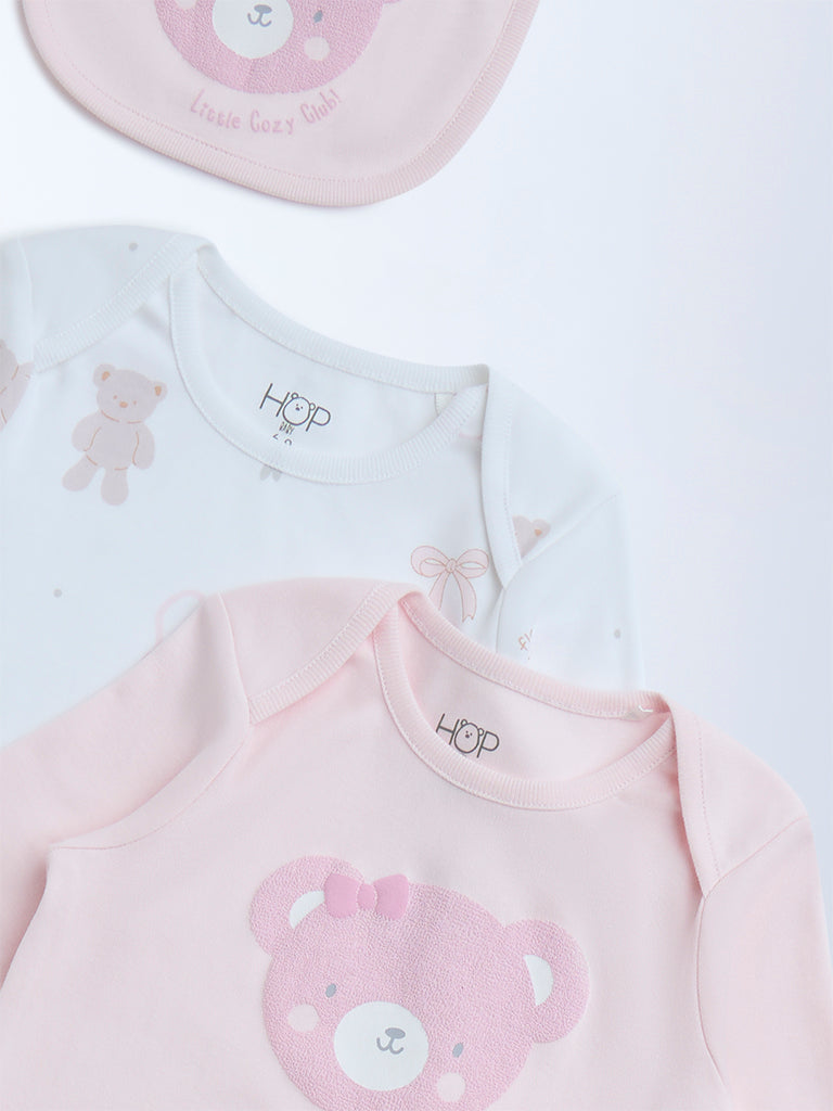HOP Baby Pink Printed Cotton Rompers with Bib - Pack of 2