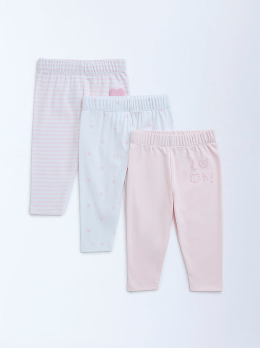 HOP Baby Pink Printed Mid-Rise Cotton Pants - Pack of 3