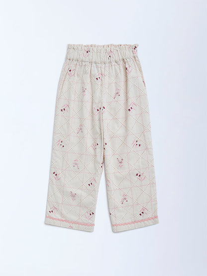 HOP Kids Off-White Embroidered High-Rise Cotton Trousers