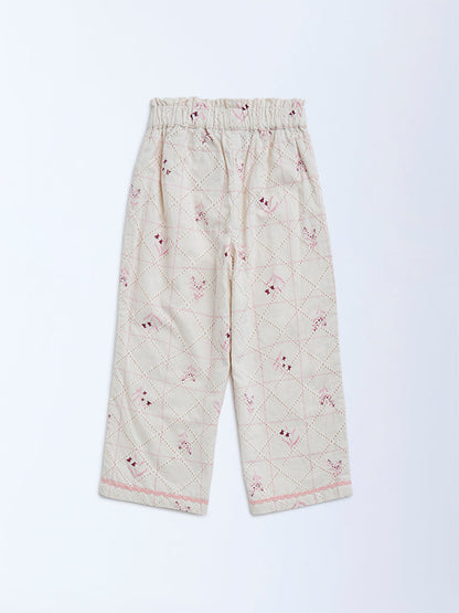 HOP Kids Off-White Embroidered High-Rise Cotton Trousers