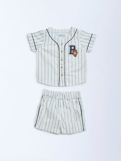 HOP Baby White Striped Cotton Shirt and Shorts Set