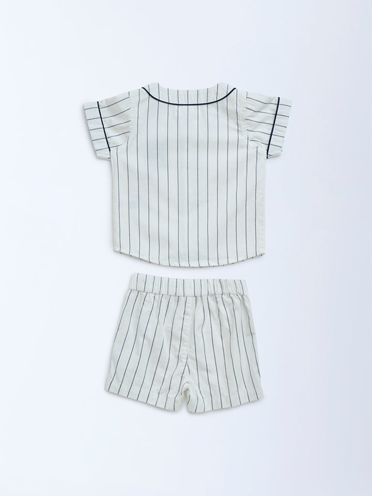 HOP Baby White Striped Cotton Shirt and Shorts Set