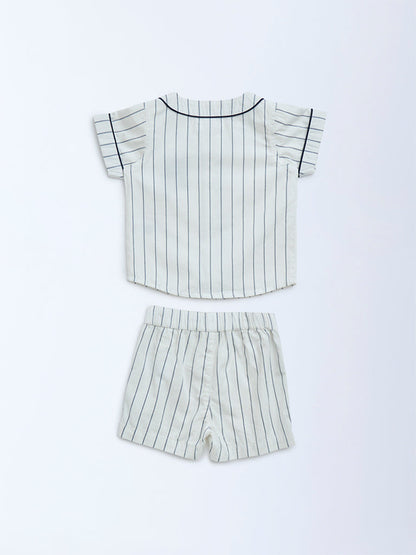 HOP Baby White Striped Cotton Shirt and Shorts Set