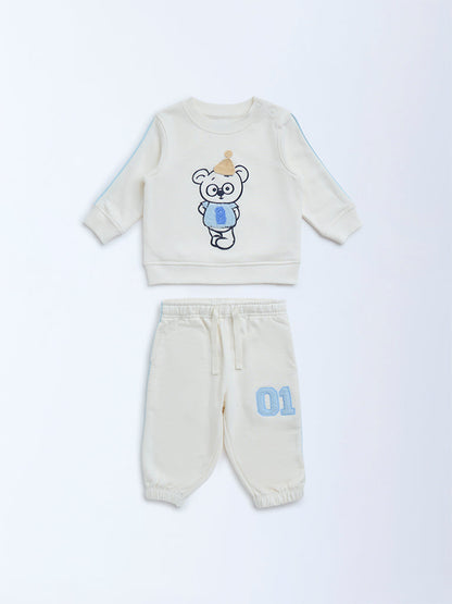 HOP Baby White Teddy Printed Cotton T-Shirt and Pants Set