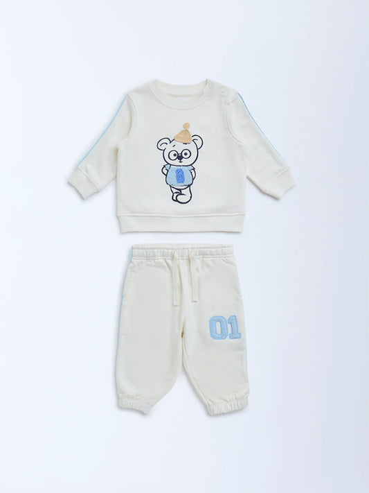 HOP Baby White Teddy Printed Cotton T-Shirt and Pants Set