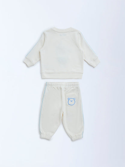 HOP Baby White Teddy Printed Cotton T-Shirt and Pants Set