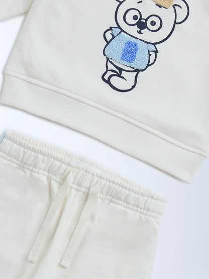 HOP Baby White Teddy Printed Cotton T-Shirt and Pants Set