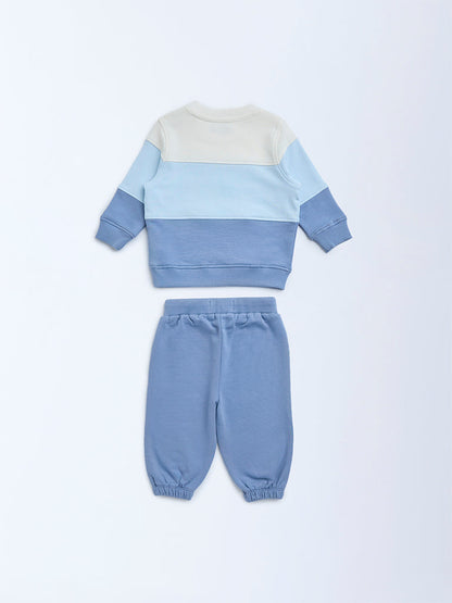 HOP Baby Blue Color-Blocked Cotton Sweatshirt and Pants Set