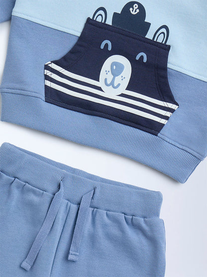 HOP Baby Blue Color-Blocked Cotton Sweatshirt and Pants Set