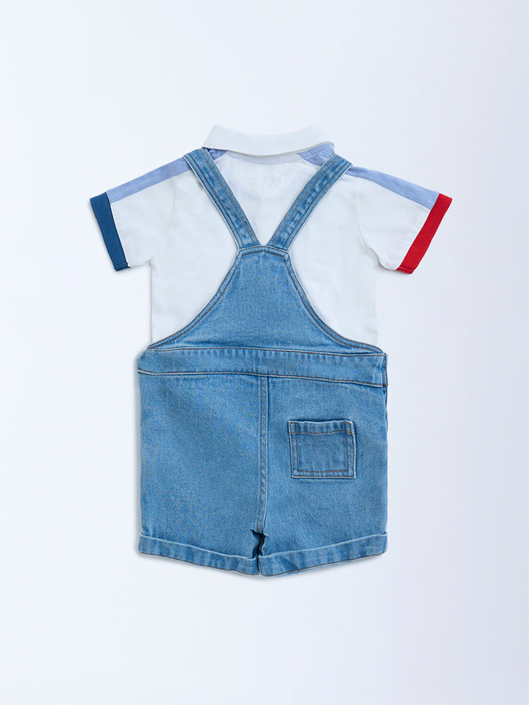 HOP Baby Blue Denim Dungaree with Polo T-Shirt Set