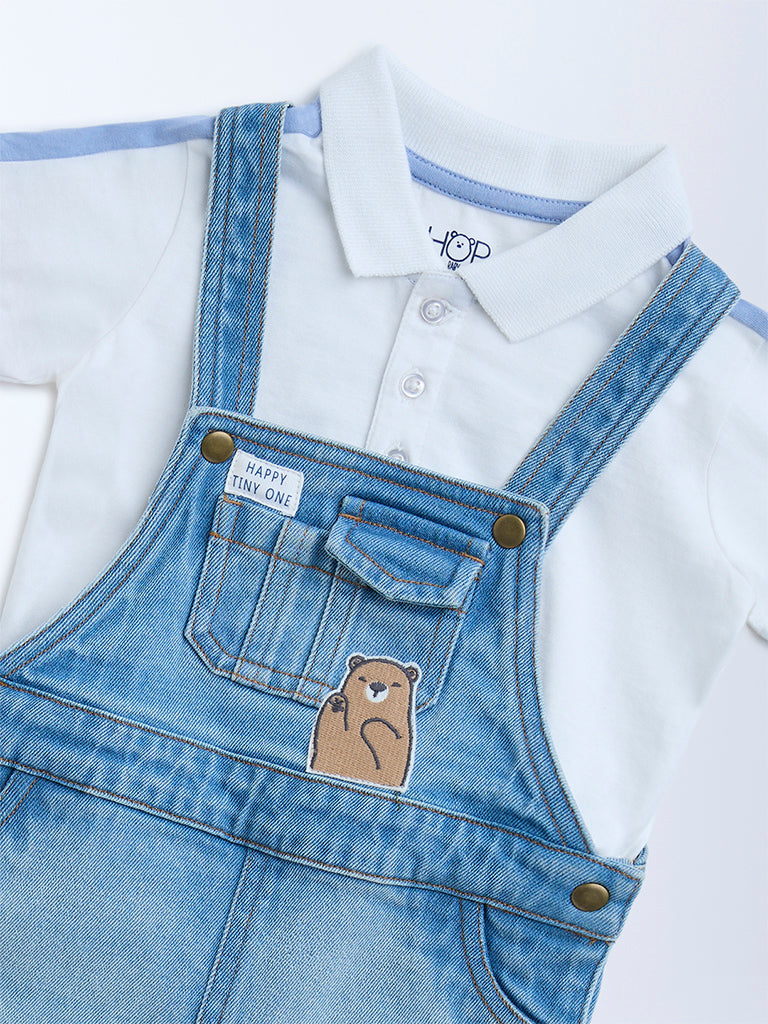 HOP Baby Blue Denim Dungaree with Polo T-Shirt Set