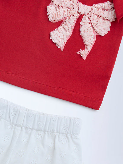HOP Baby Red Bow-Detailed Cotton Top and Shorts Set