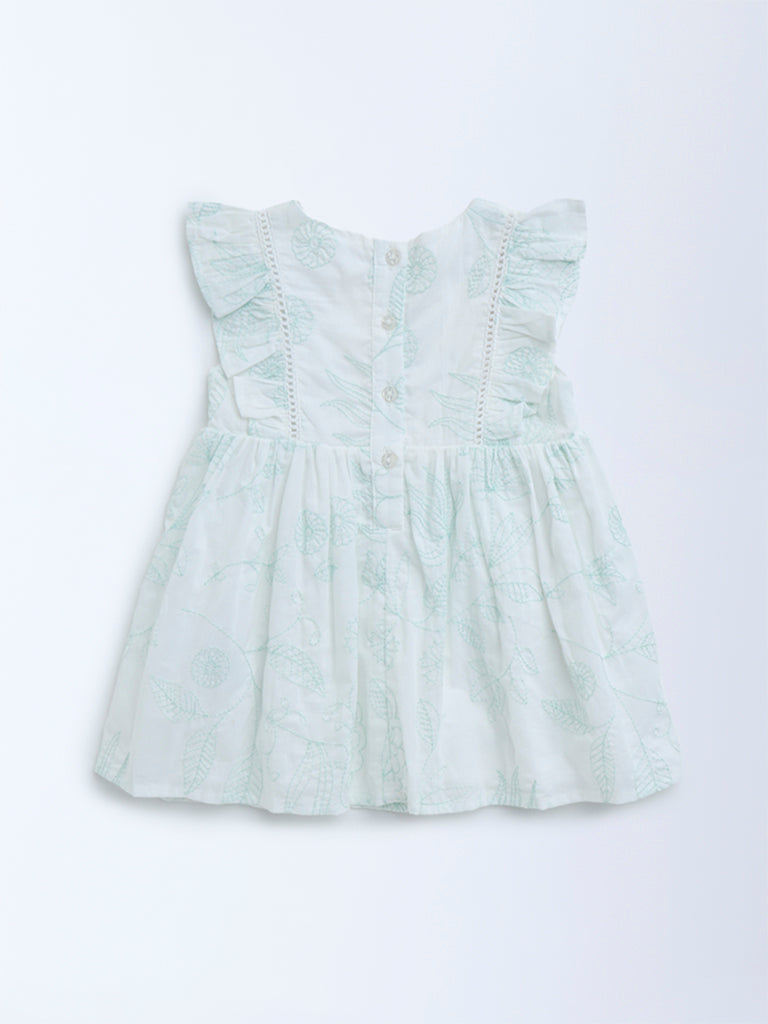 HOP Baby White Botanical Embroidered Cotton A-Line Dress