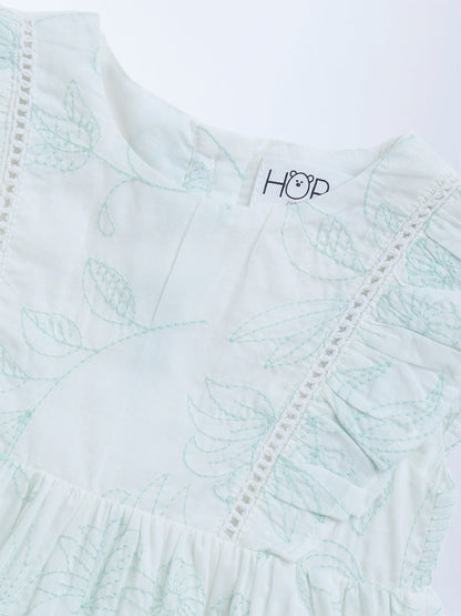 HOP Baby White Botanical Embroidered Cotton A-Line Dress
