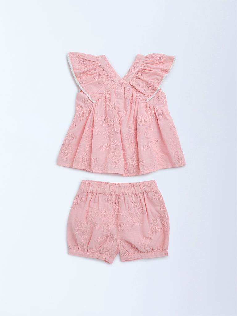 HOP Baby Pink Floral Embroidered Cotton Top and Shorts Set