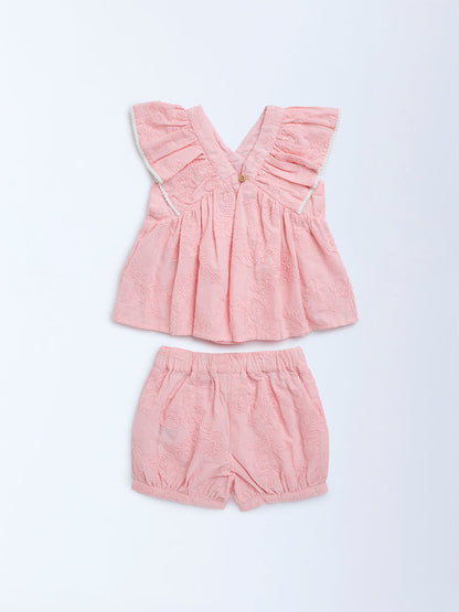 HOP Baby Pink Floral Embroidered Cotton Top and Shorts Set