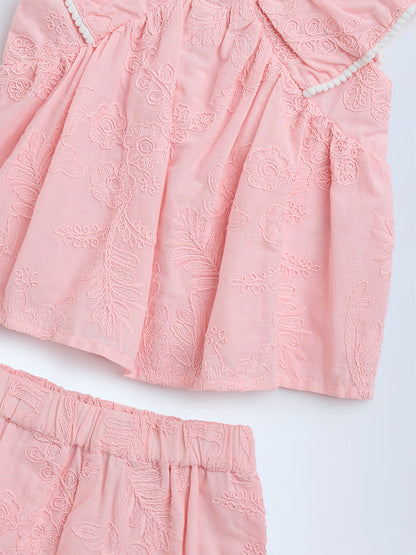 HOP Baby Pink Floral Embroidered Cotton Top and Shorts Set