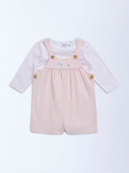 HOP Baby Pink Striped Cotton Dungaree with T-Shirt Set