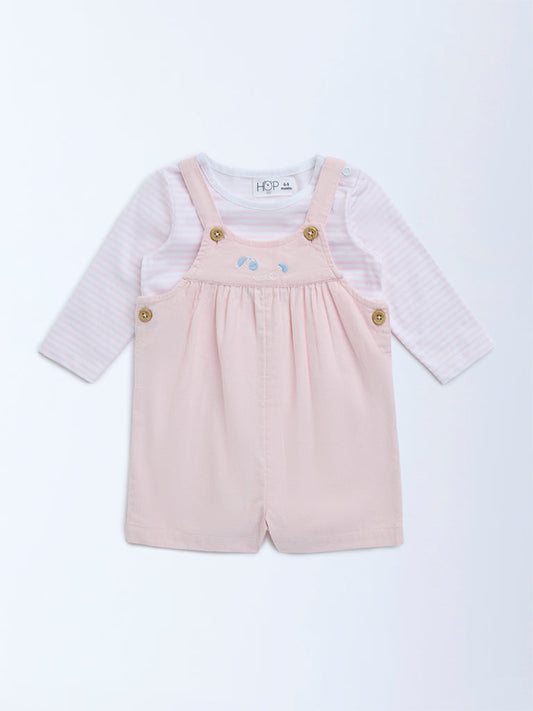 HOP Baby Pink Striped Cotton Dungaree with T-Shirt Set