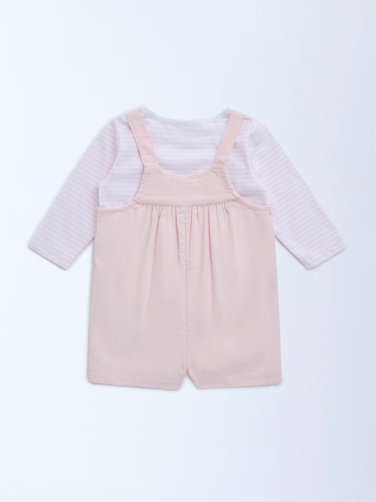 HOP Baby Pink Striped Cotton Dungaree with T-Shirt Set