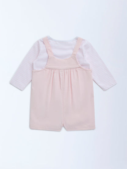 HOP Baby Pink Striped Cotton Dungaree with T-Shirt Set