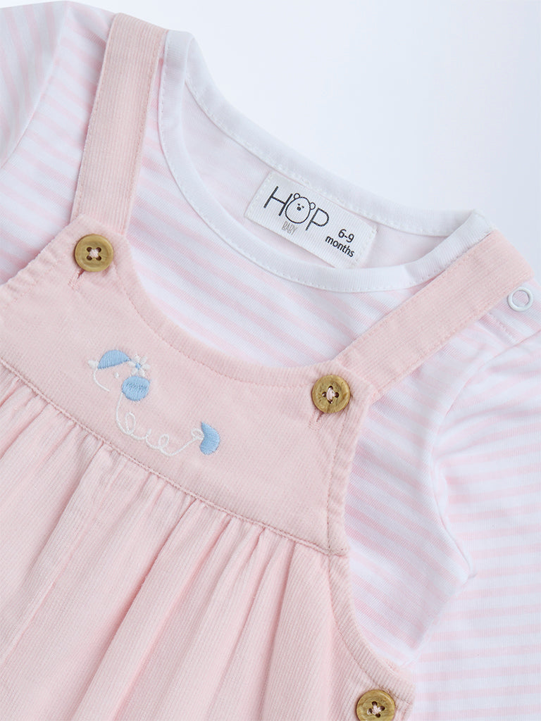 HOP Baby Pink Striped Cotton Dungaree with T-Shirt Set