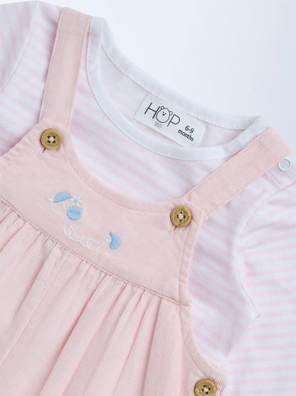 HOP Baby Pink Striped Cotton Dungaree with T-Shirt Set