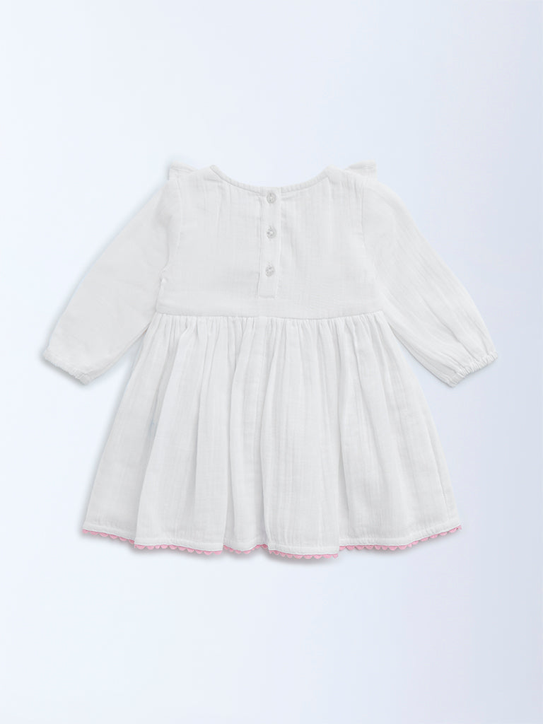 HOP Baby White Floral Embroidered Cotton A-Line Dress