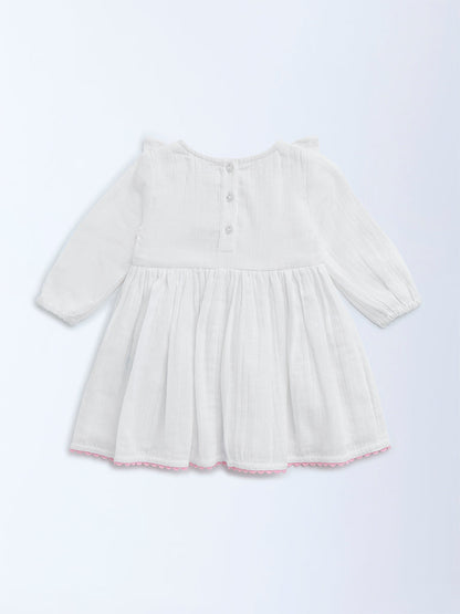 HOP Baby White Floral Embroidered Cotton A-Line Dress