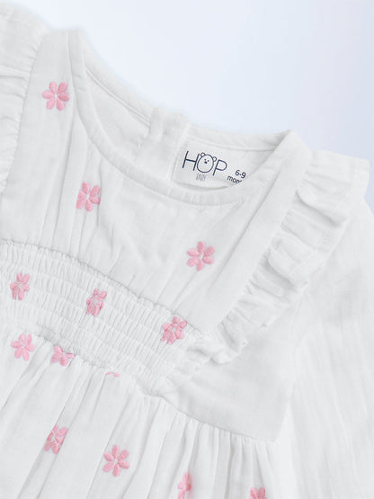 HOP Baby White Floral Embroidered Cotton A-Line Dress