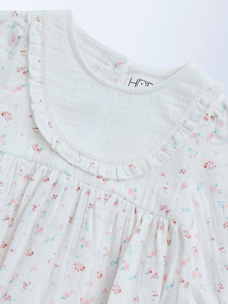 HOP Baby White Floral Printed Cotton A-Line Dress