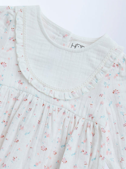 HOP Baby White Floral Printed Cotton A-Line Dress