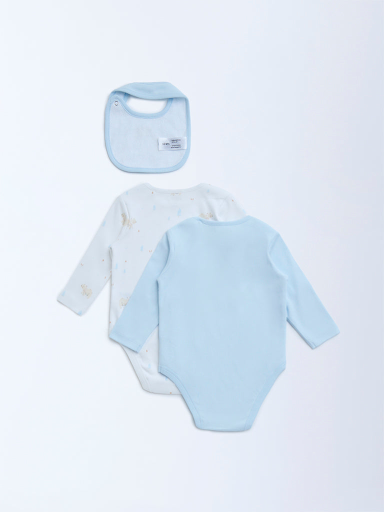 HOP Baby Blue Printed Cotton Rompers with Bib - Pack of 2