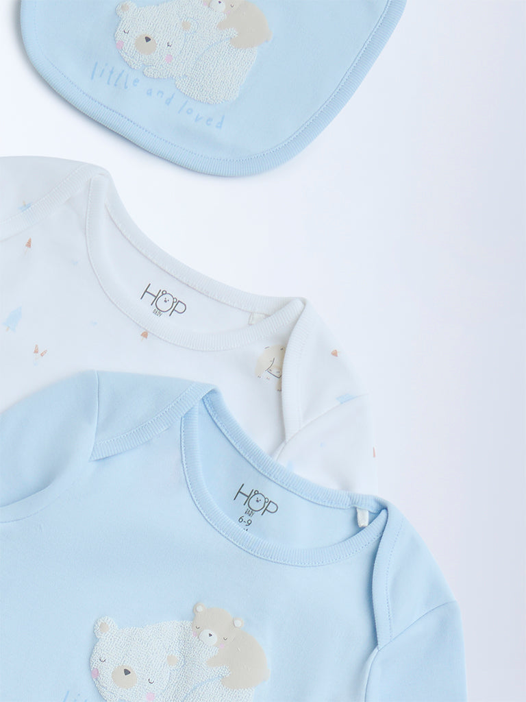HOP Baby Blue Printed Cotton Rompers with Bib - Pack of 2