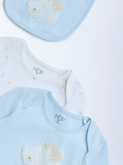 HOP Baby Blue Printed Cotton Rompers with Bib - Pack of 2