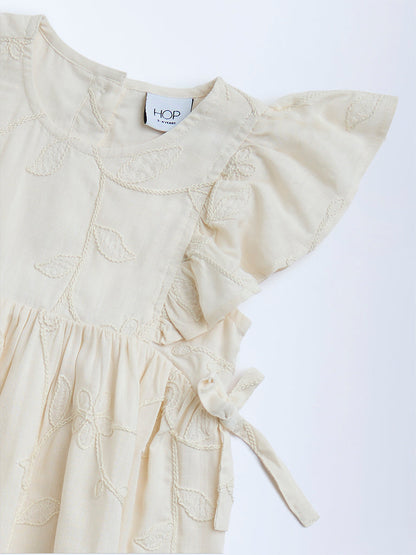 HOP Kids Cream Embroidered Cotton A-Line Dress