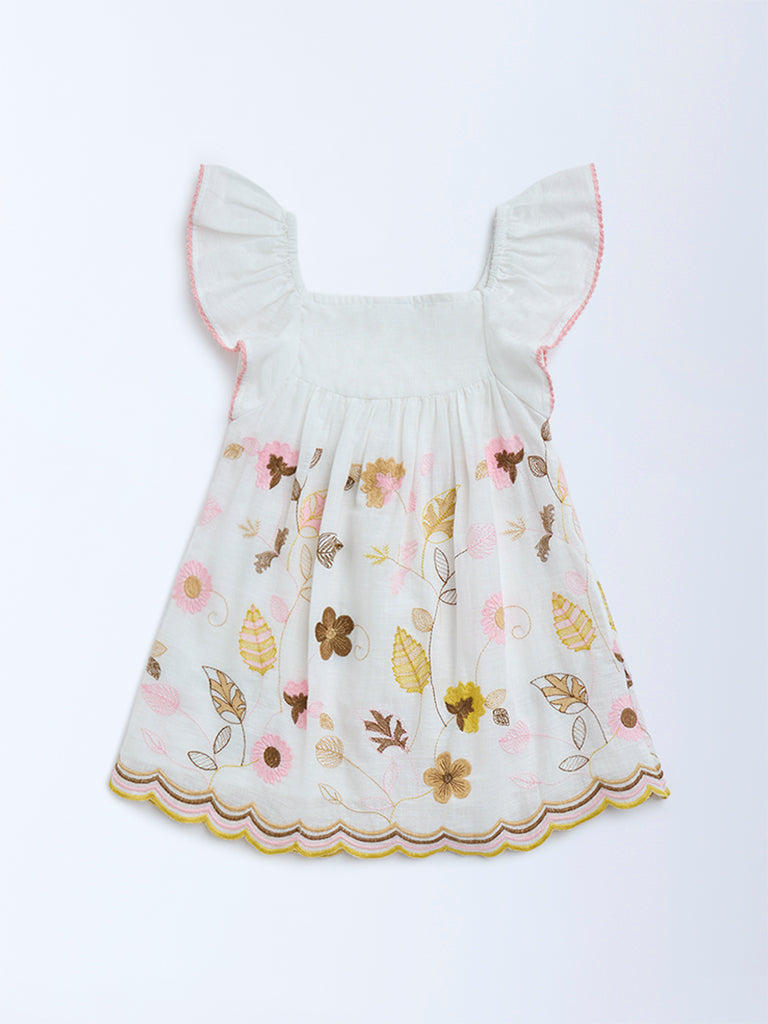 HOP Kids White Floral Embroidered Cotton A-Line Dress