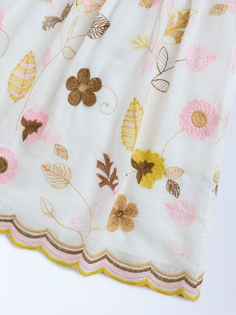 HOP Kids White Floral Embroidered Cotton A-Line Dress