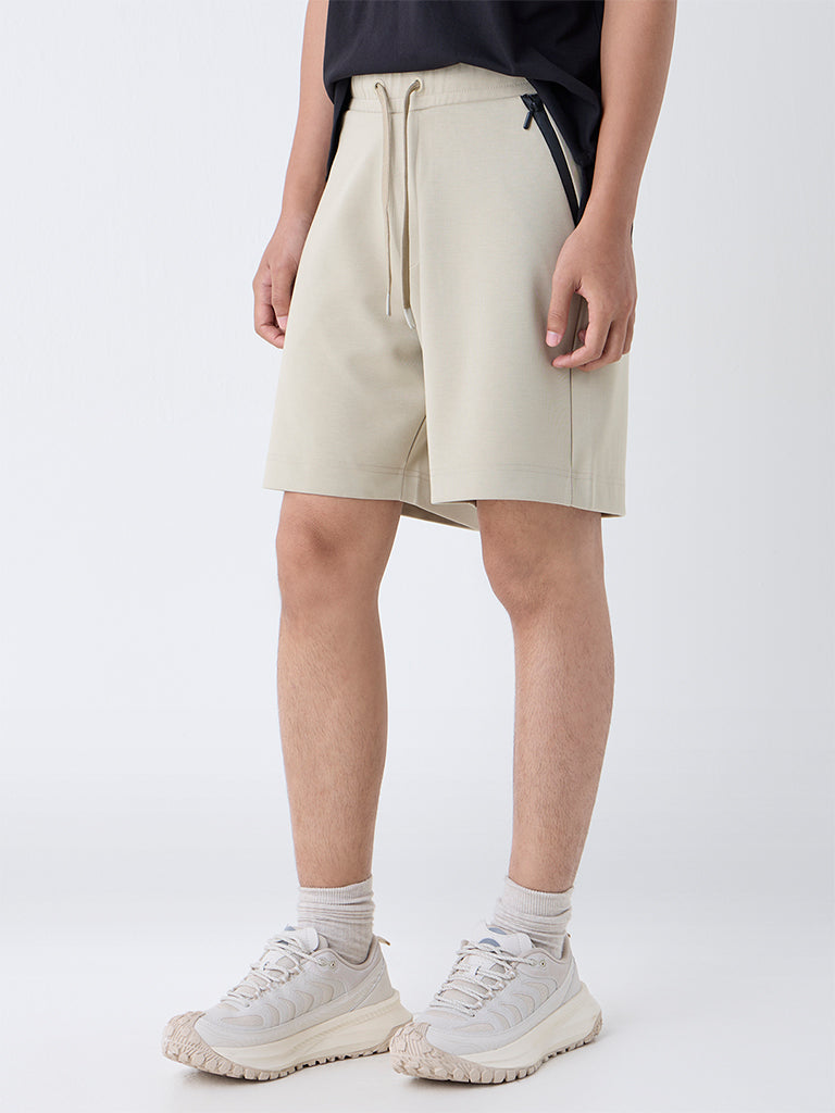 Studiofit Beige Solid Relaxed-Fit Mid-Rise Shorts