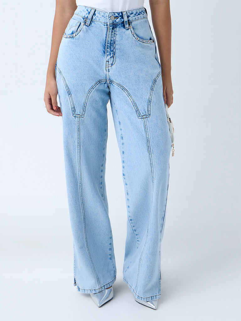 Nuon Blue Stitch-Detailed Relaxed-Fit High-Rise Jeans