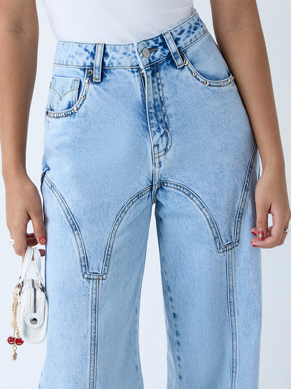 Nuon Blue Stitch-Detailed Relaxed-Fit High-Rise Jeans