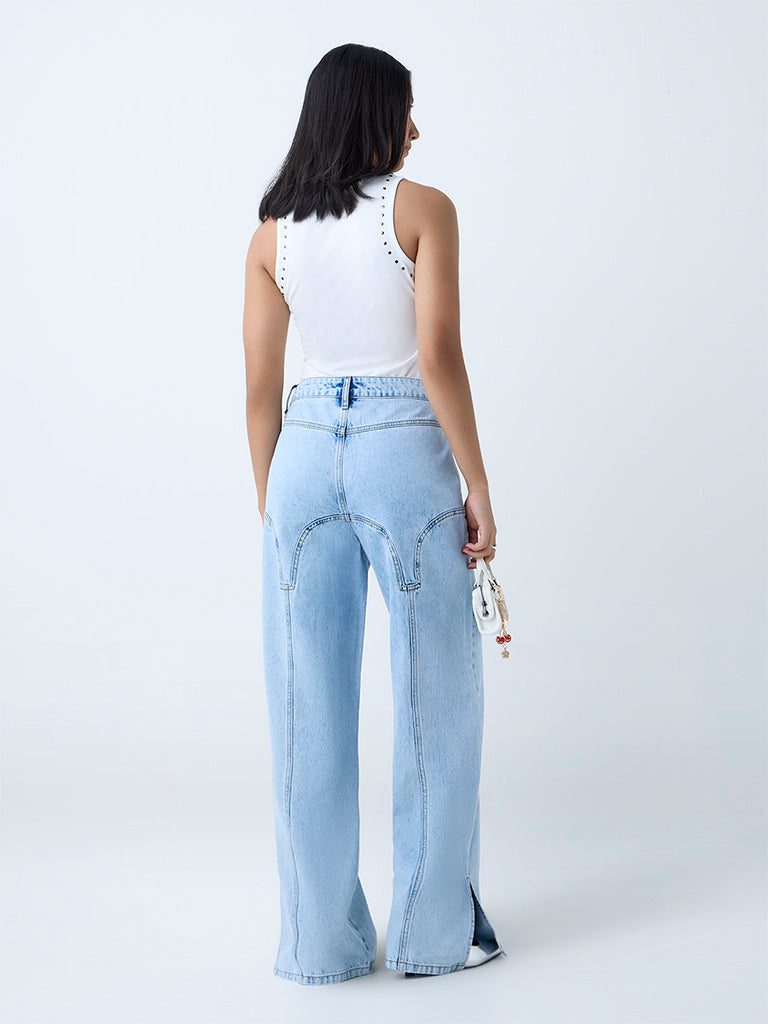Nuon Blue Stitch-Detailed Relaxed-Fit High-Rise Jeans